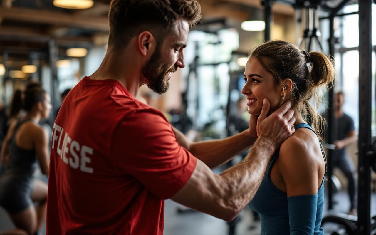 Un entraîneur de fitness aide un client dans une salle de sport, montrant une interaction positive et un environnement accueillant avec des équipements de gym.
