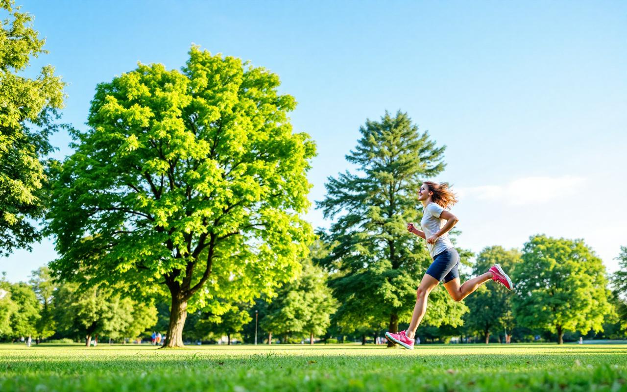 Une personne en train de courir dans un parc, entourée de verdure, sous un ciel bleu, avec une expression joyeuse et dynamique.