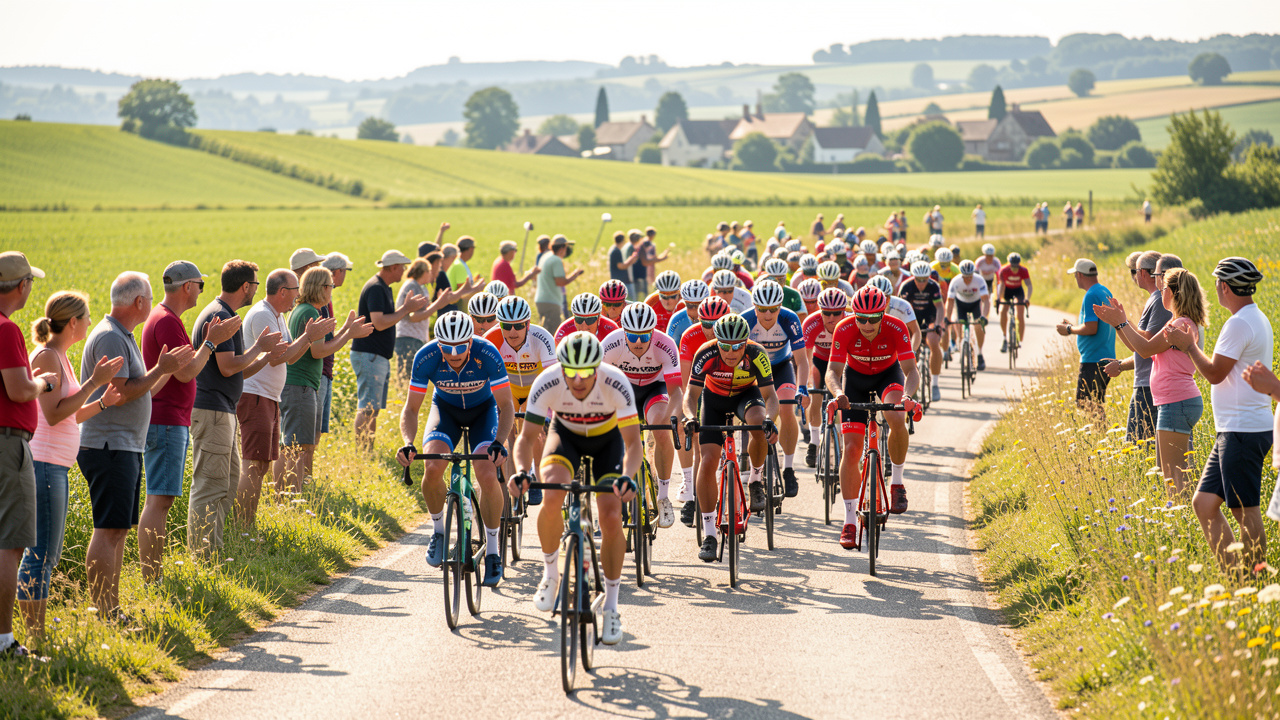 Un peloton dense de cyclistes professionnels traverse une route de campagne française en juillet, tandis que des spectateurs et des spectatrices encouragent la course depuis le bord de la route.