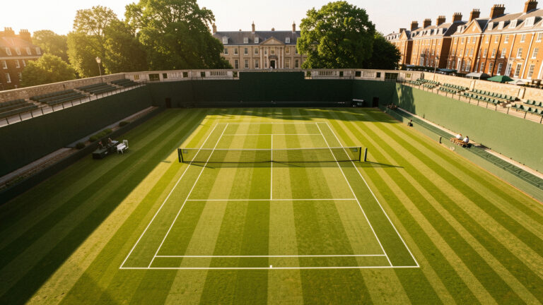 Vue aérienne d’un court de tennis prestigieux style Wimbledon sous un ciel d’été à Londres, gazon vert parfaitement entretenu et lumière dorée.
