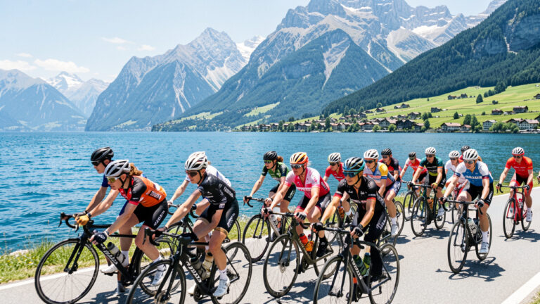 Peloton féminin de cyclisme sur route longeant le lac Léman près de Lausanne, avec les montagnes suisses en arrière-plan sous une lumière estivale.
