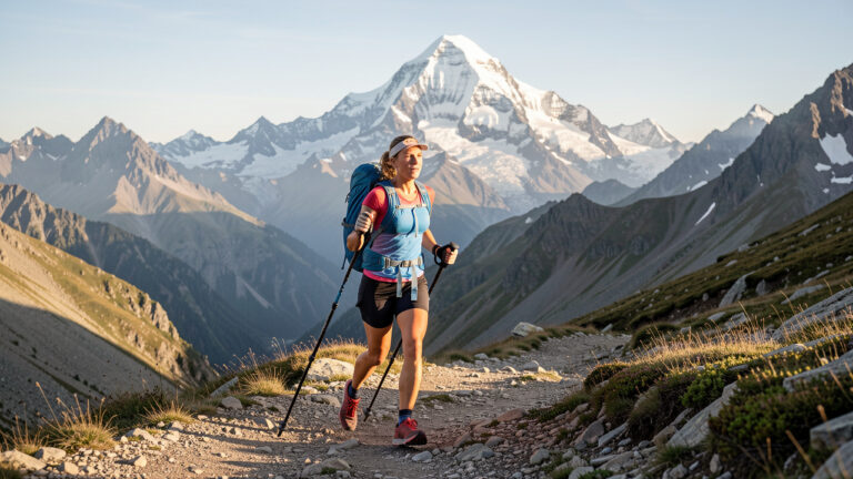 Traileuse équipée d’un sac à dos et de bâtons avançant sur un sentier alpin face au massif du Mont-Blanc, baigné par la lumière matinale.