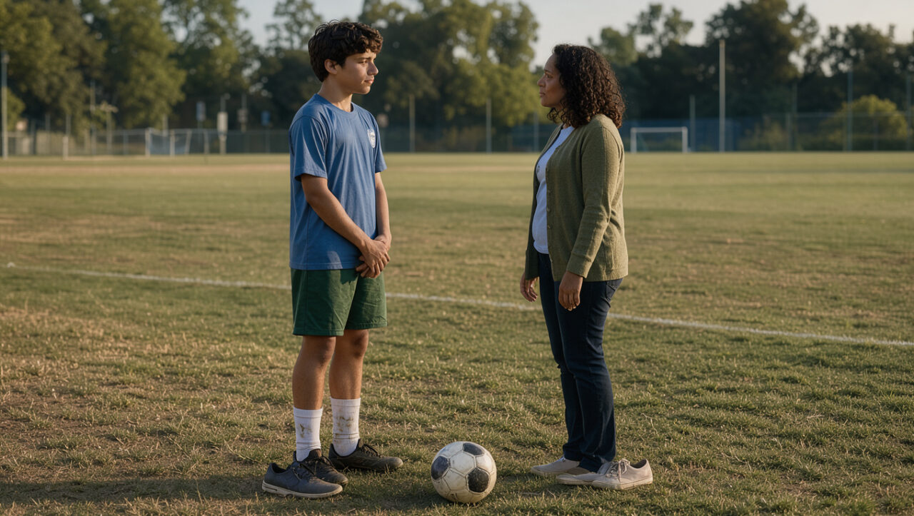 Un adolescent échange calmement avec sa mère près d’un terrain de football, tandis que ses chaussures et son ballon reposent à côté d’eux.
