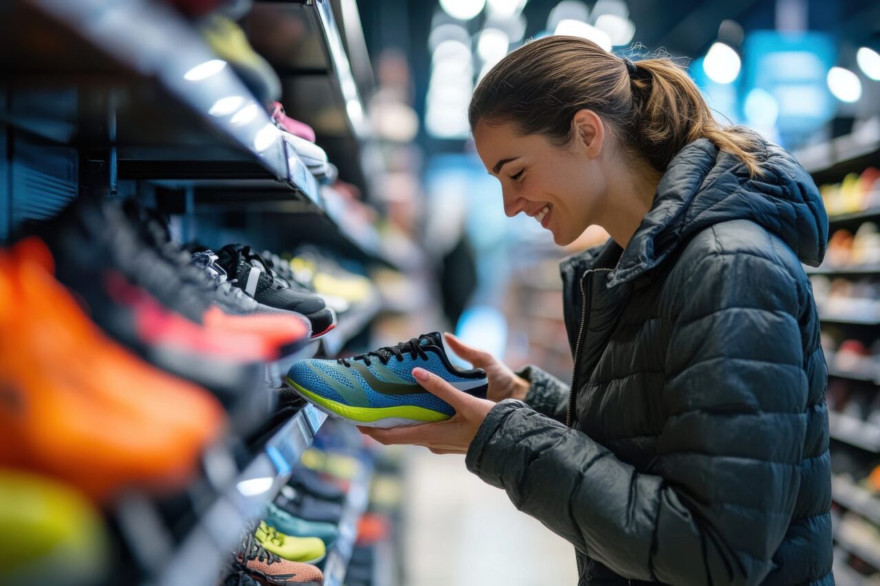 Coureur comparant plusieurs chaussures running dans un magasin de sport.