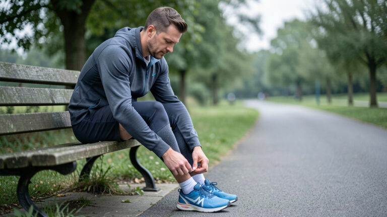 Un homme assis sur un banc après un jogging examine délicatement l’avant de sa jambe, dans un parc.
