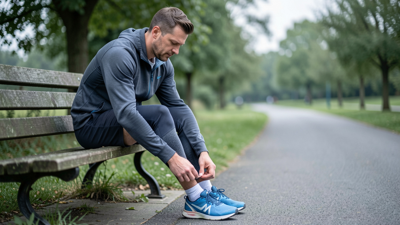 Un homme assis sur un banc après un jogging examine délicatement l’avant de sa jambe, dans un parc.