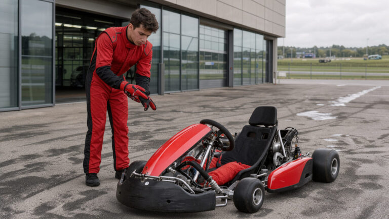 Jeune pilote de karting en combinaison ajustant ses gants devant un centre de formation automobile, avec le circuit du Mans en arrière-plan.