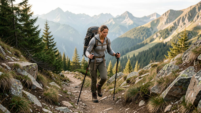 Une randonneuse équipée d’un sac à dos et de bâtons de marche descend prudemment un sentier montagneux escarpé.