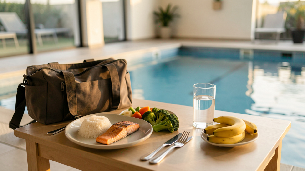 Repas léger et équilibré composé de saumon, riz, légumes vapeur et banane, préparé avant une séance de natation en soirée.
