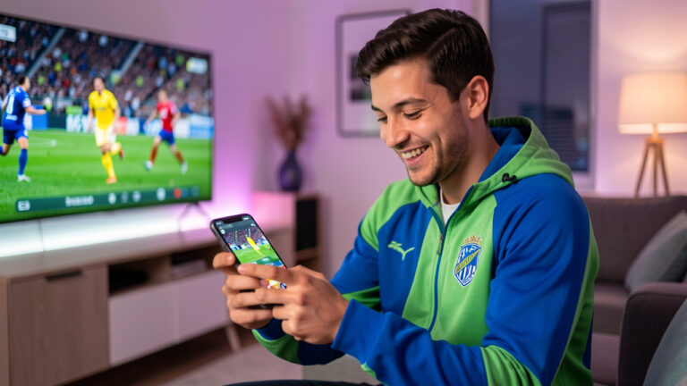 Un jeune homme suit un match de football en direct sur son smartphone dans une ambiance sportive moderne.